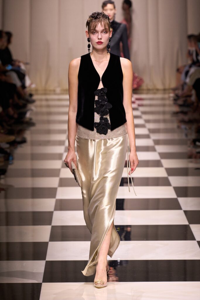 black velvet vest with gold satin skirt