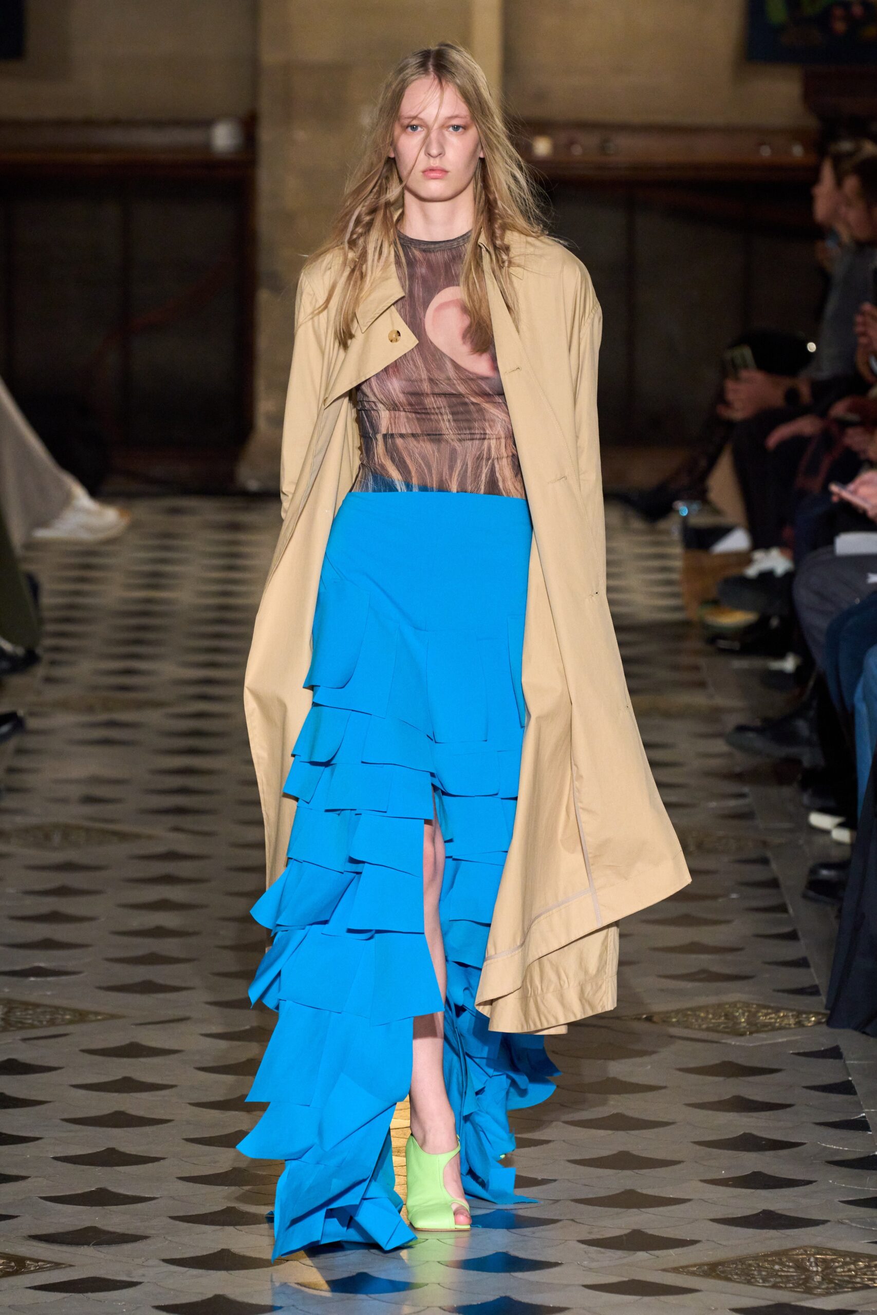 blue silk fitted tiered midi skirt