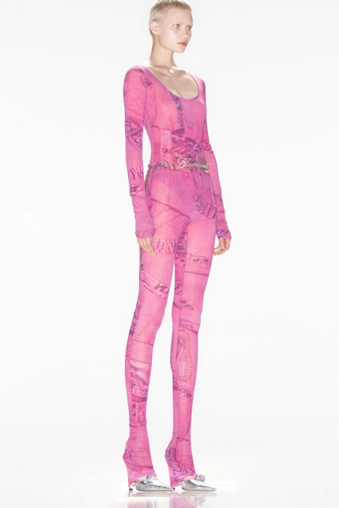 pink mesh fitted catsuit with heels