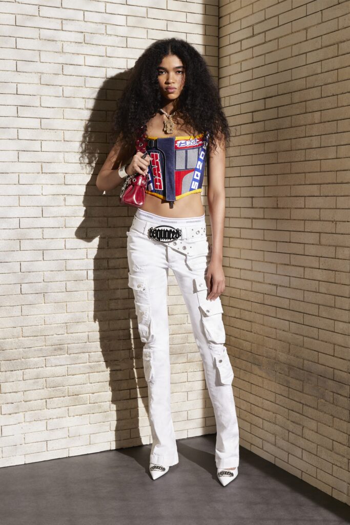 blue red yellow crop-top with white pants