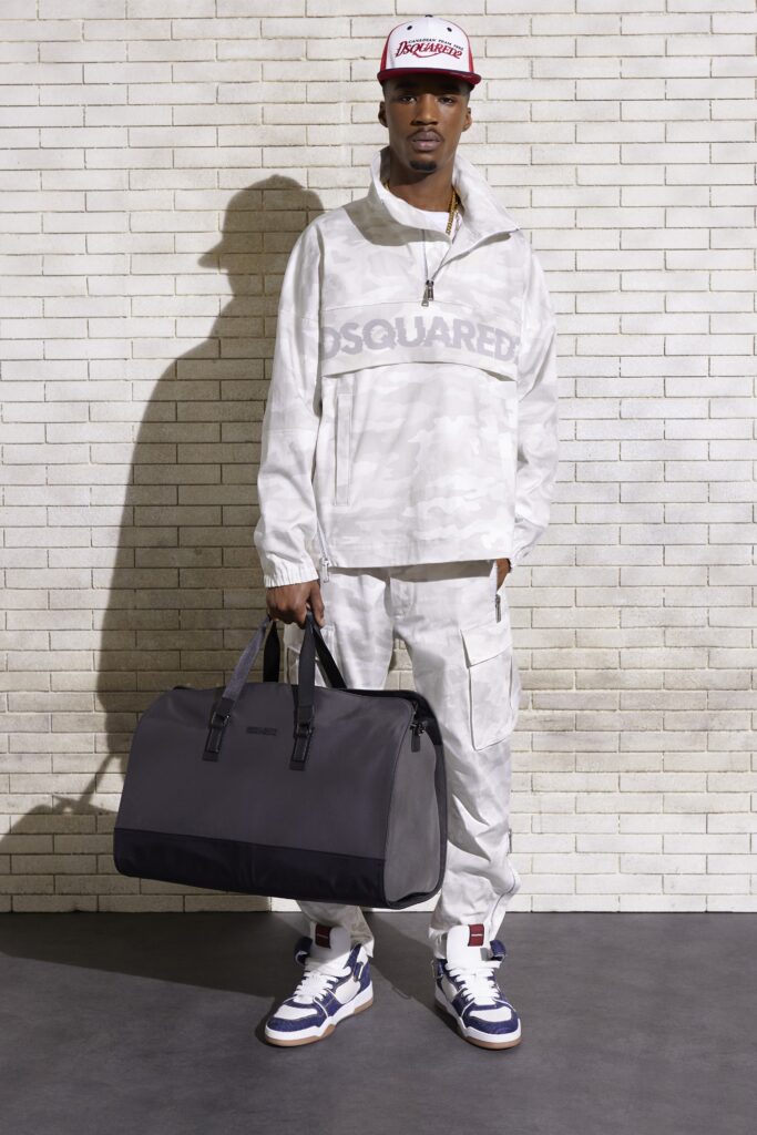 A relaxed fit white and gray camouflage jacket paired with matching pants.