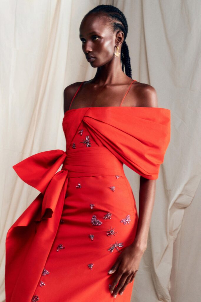 red silk off-shoulder gown