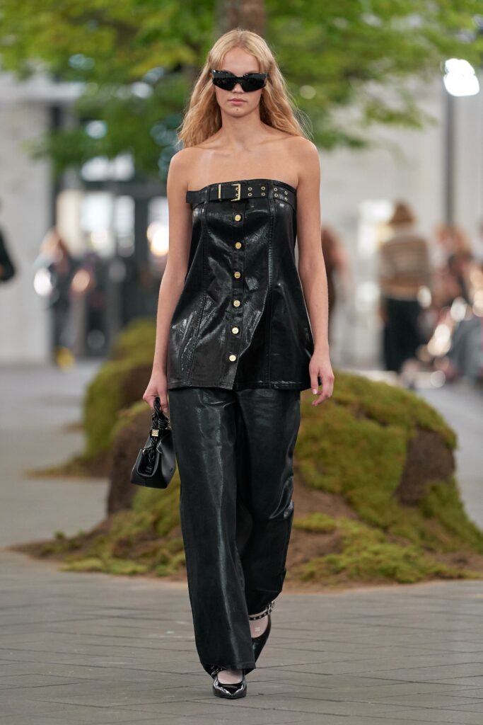 black leather strapless top and pants