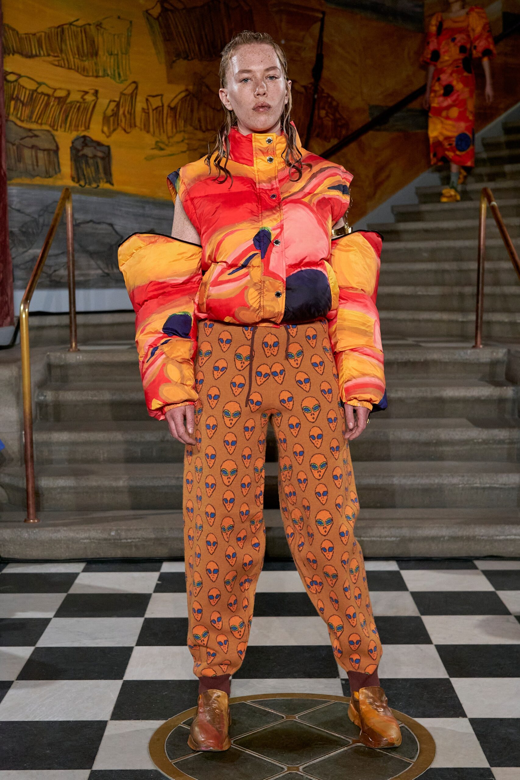 A relaxed fit multicolor printed jacket with long sleeves paired with matching printed pants.