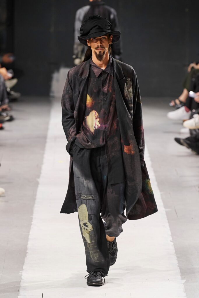 A relaxed-fit multicolor coat with long sleeves and a collared design, paired with matching pants.