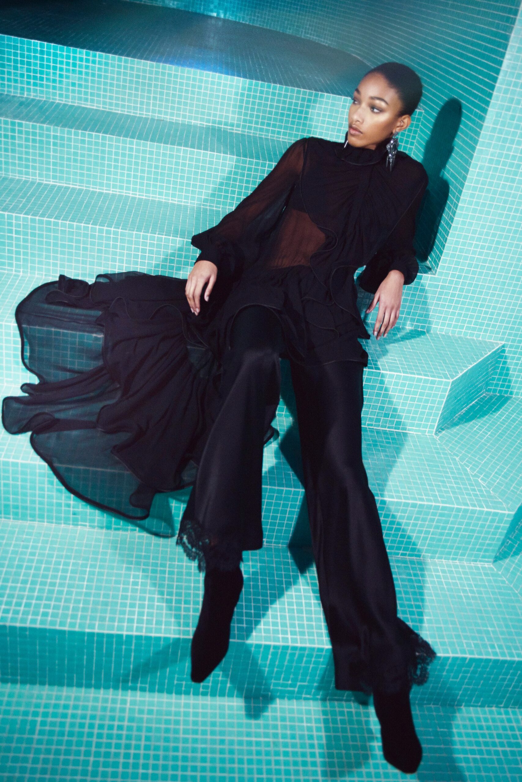 black silk ruffled midi dress