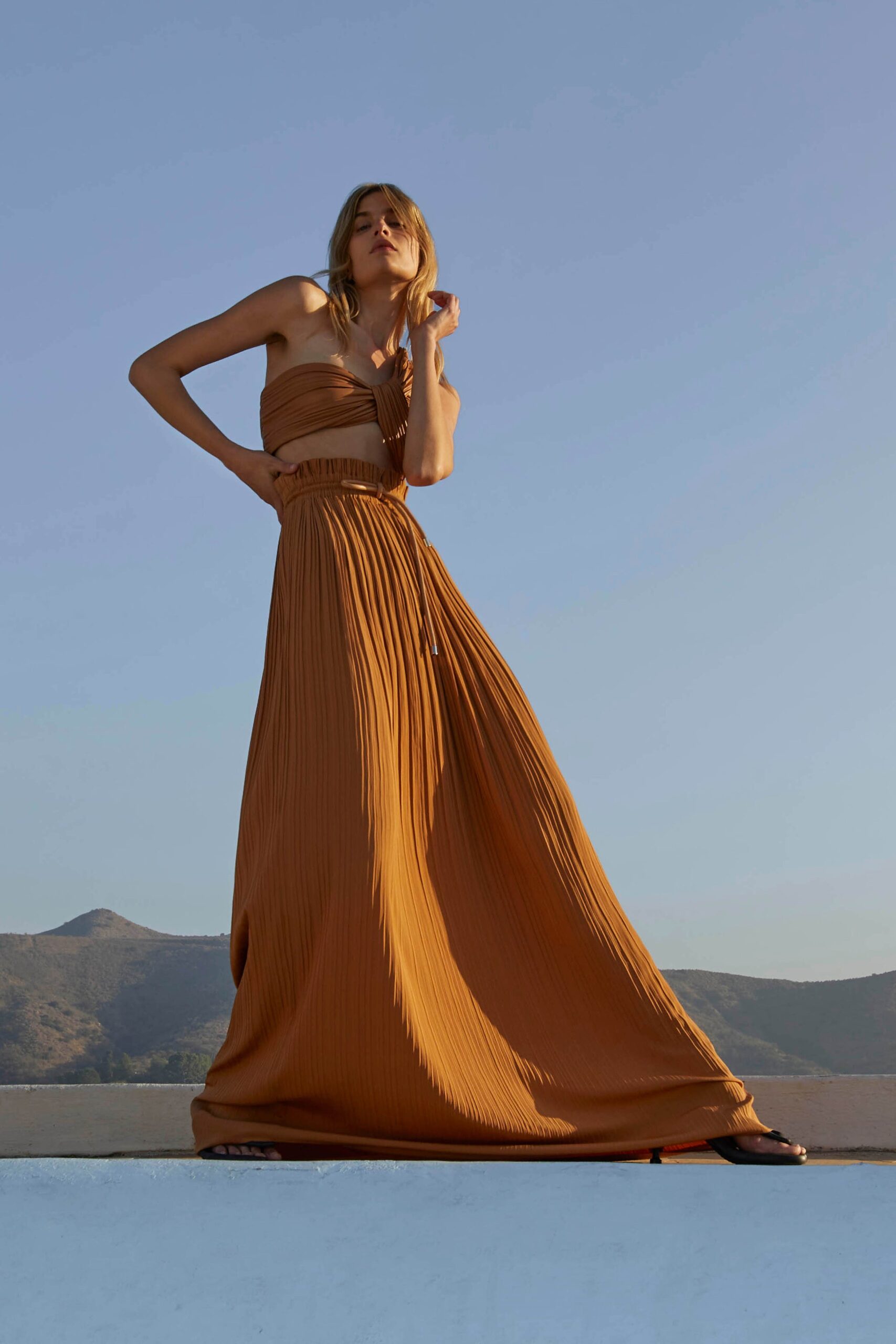 brown pleated maxi dress