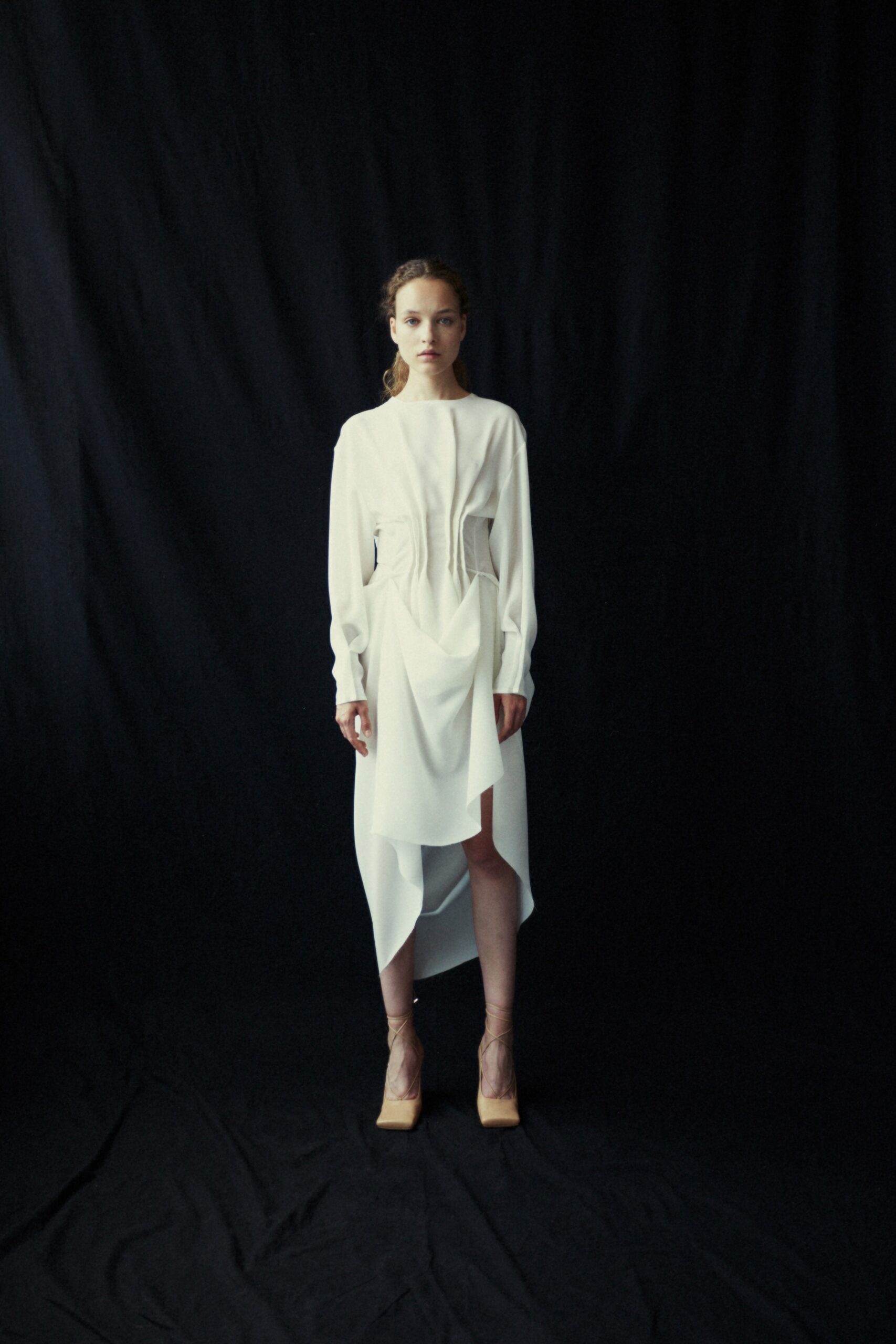 fitted white silk asymmetric dress