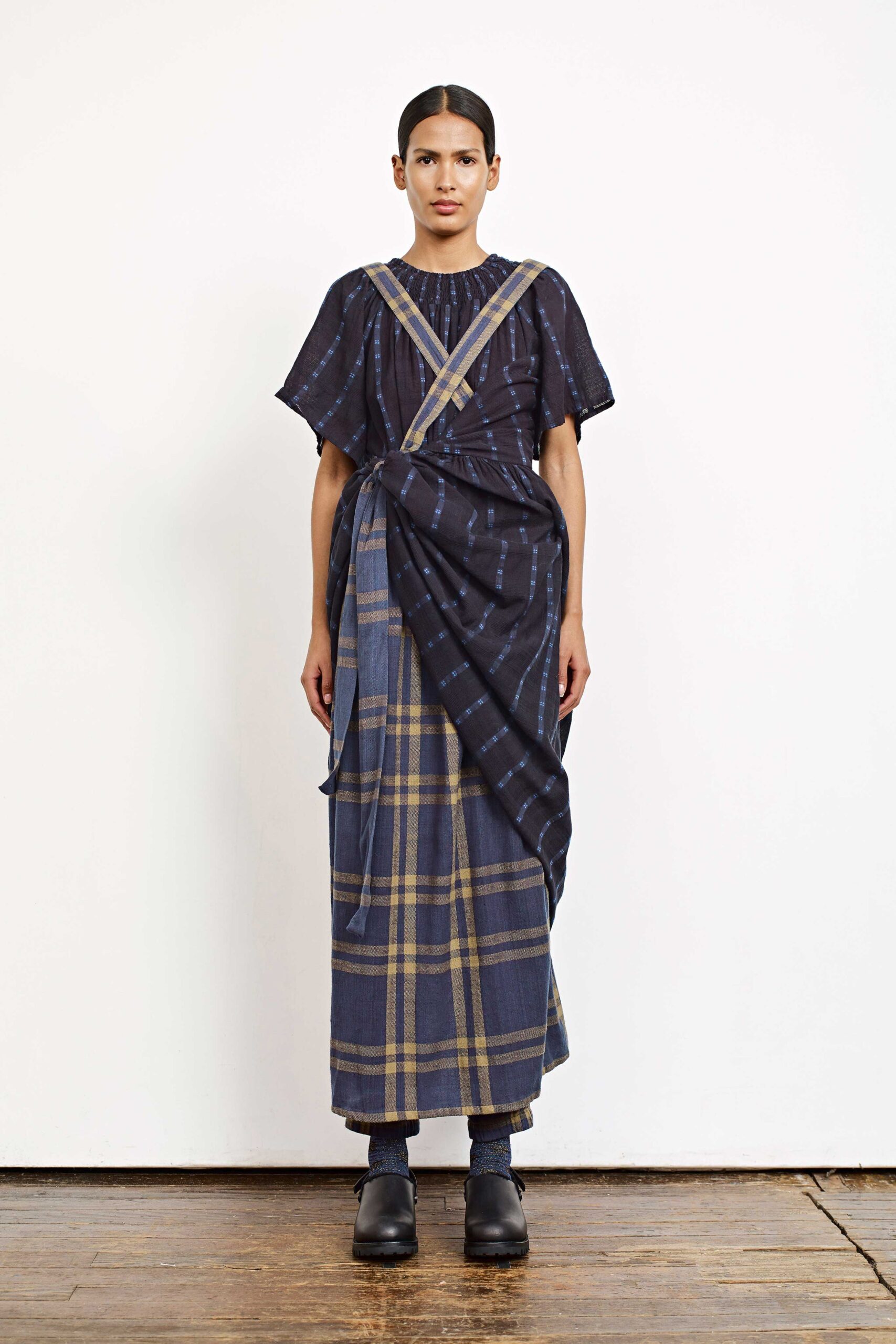 blue and yellow plaid maxi dress