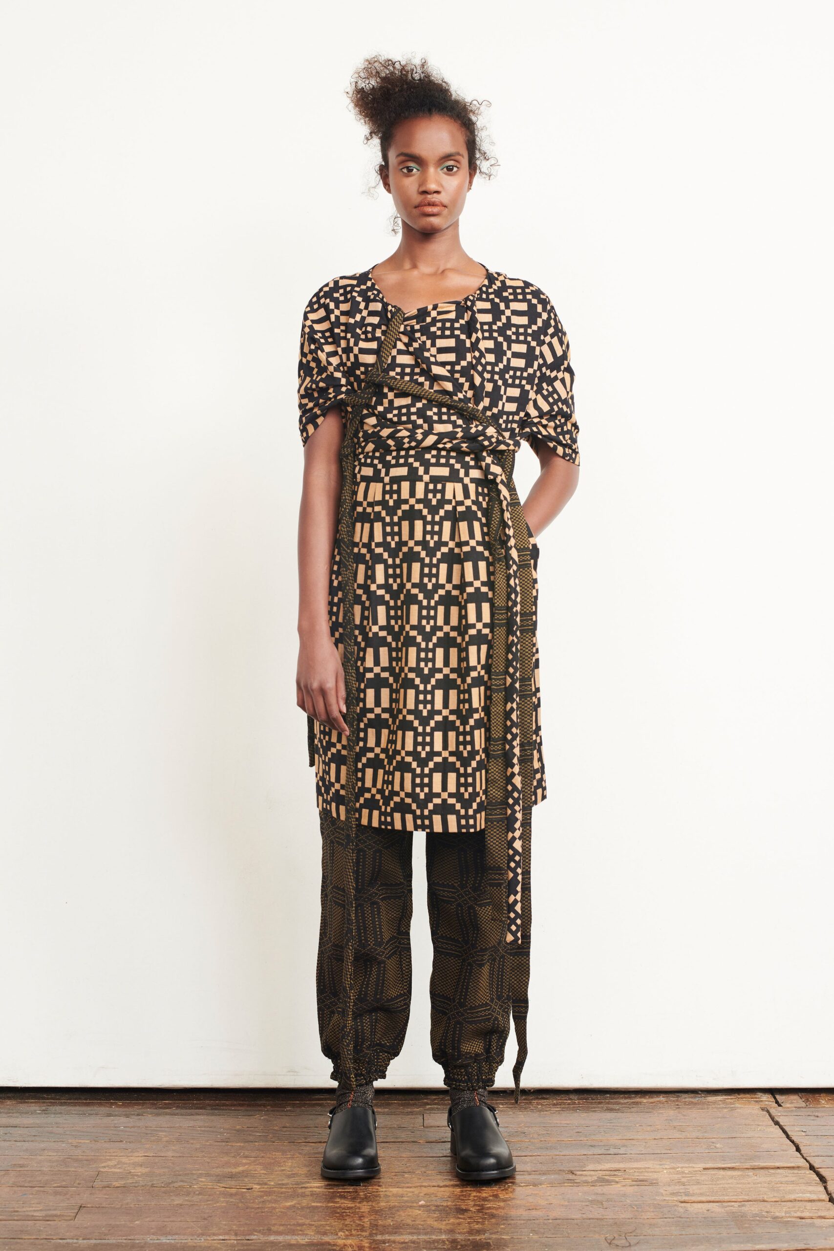 printed midi dress with cargo pants