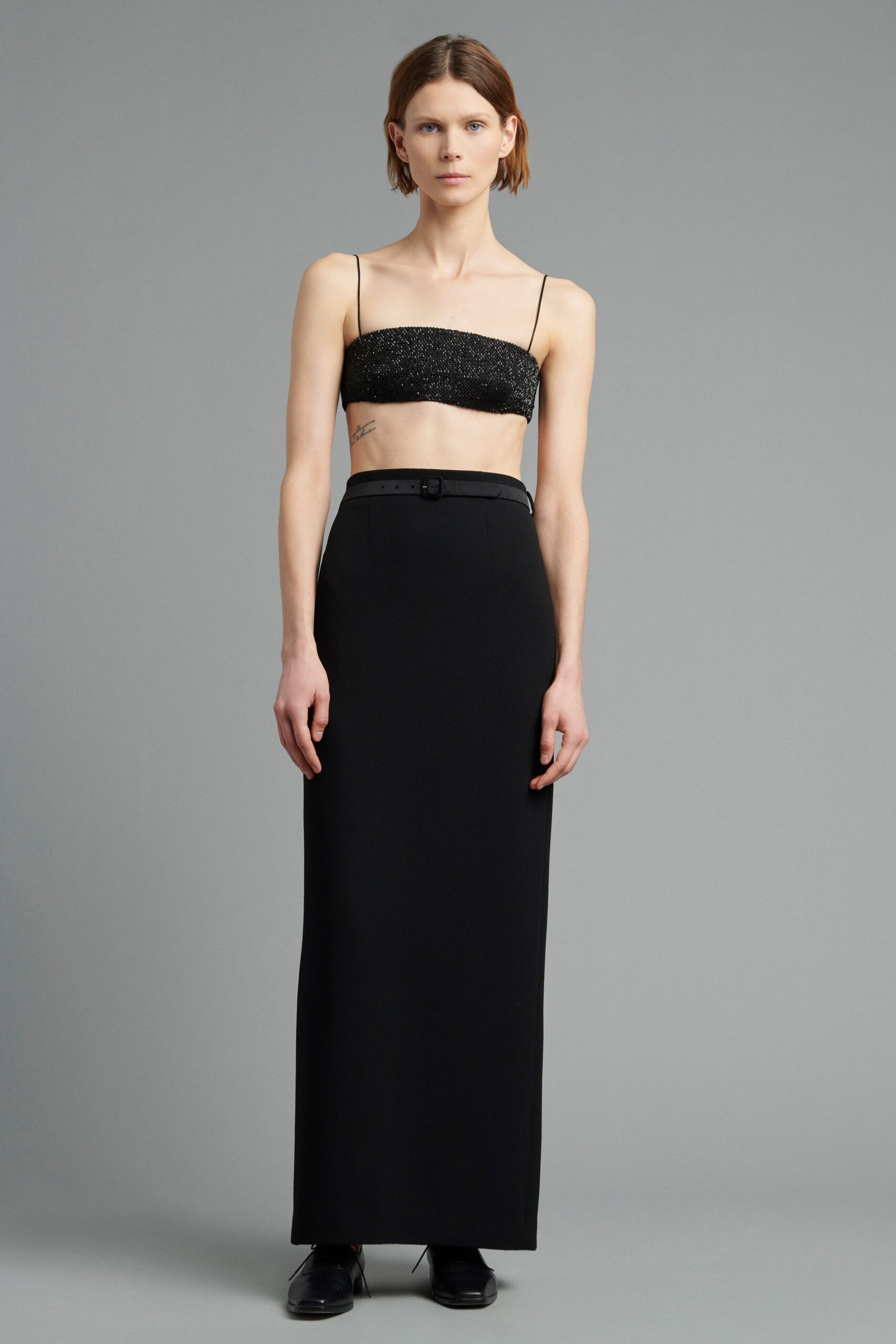 black silk sleeveless square-neck fitted embellished top