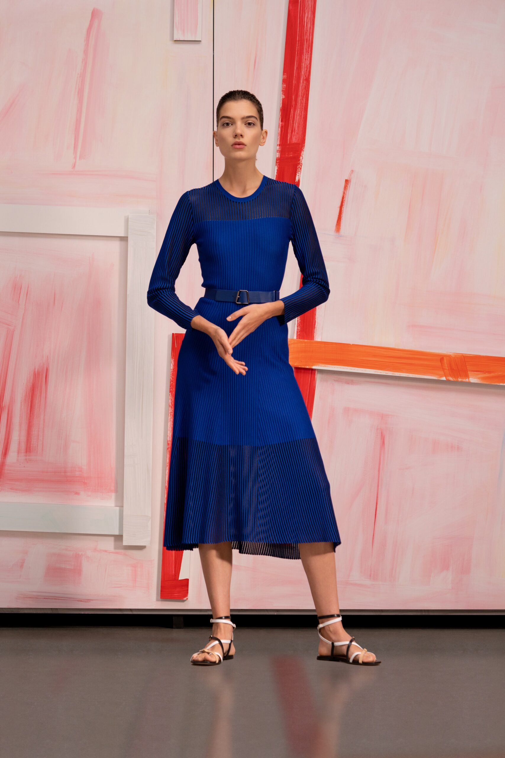 blue pleated midi dress with strappy shoes