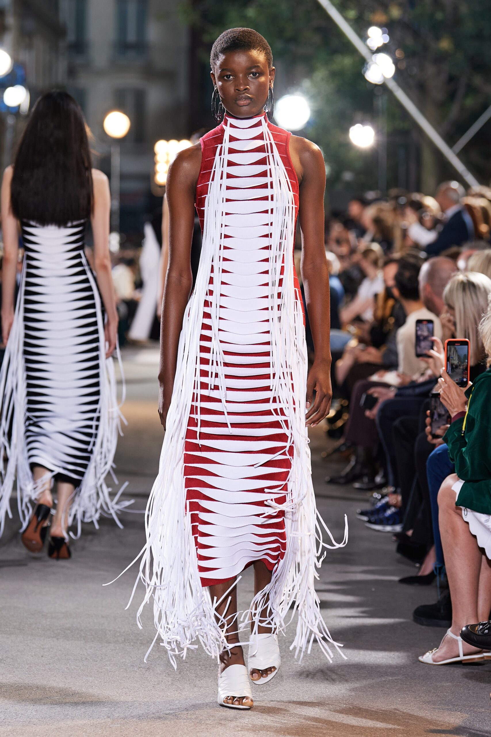 red and white fringed dress