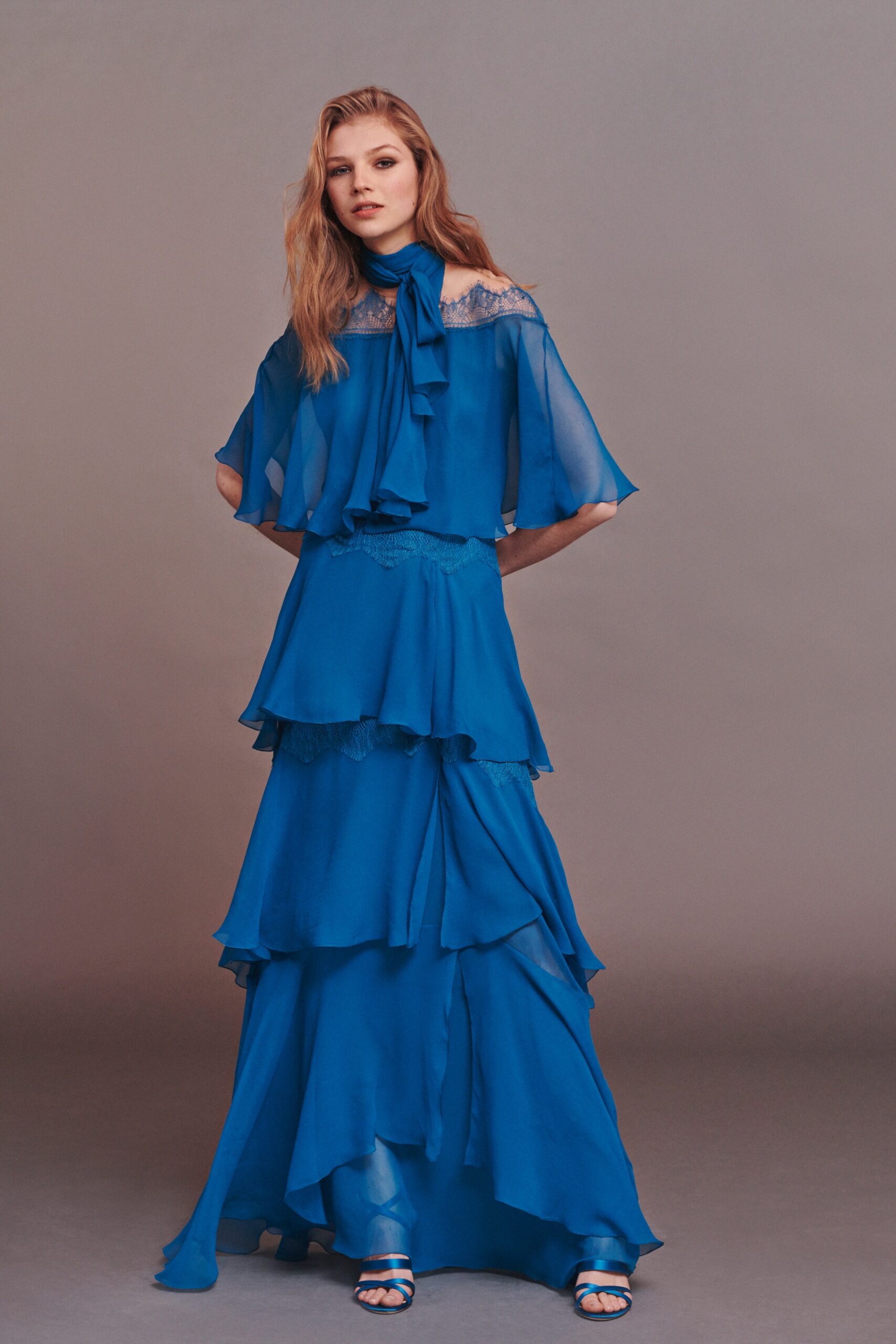 blue chiffon off-shoulder tiered dress