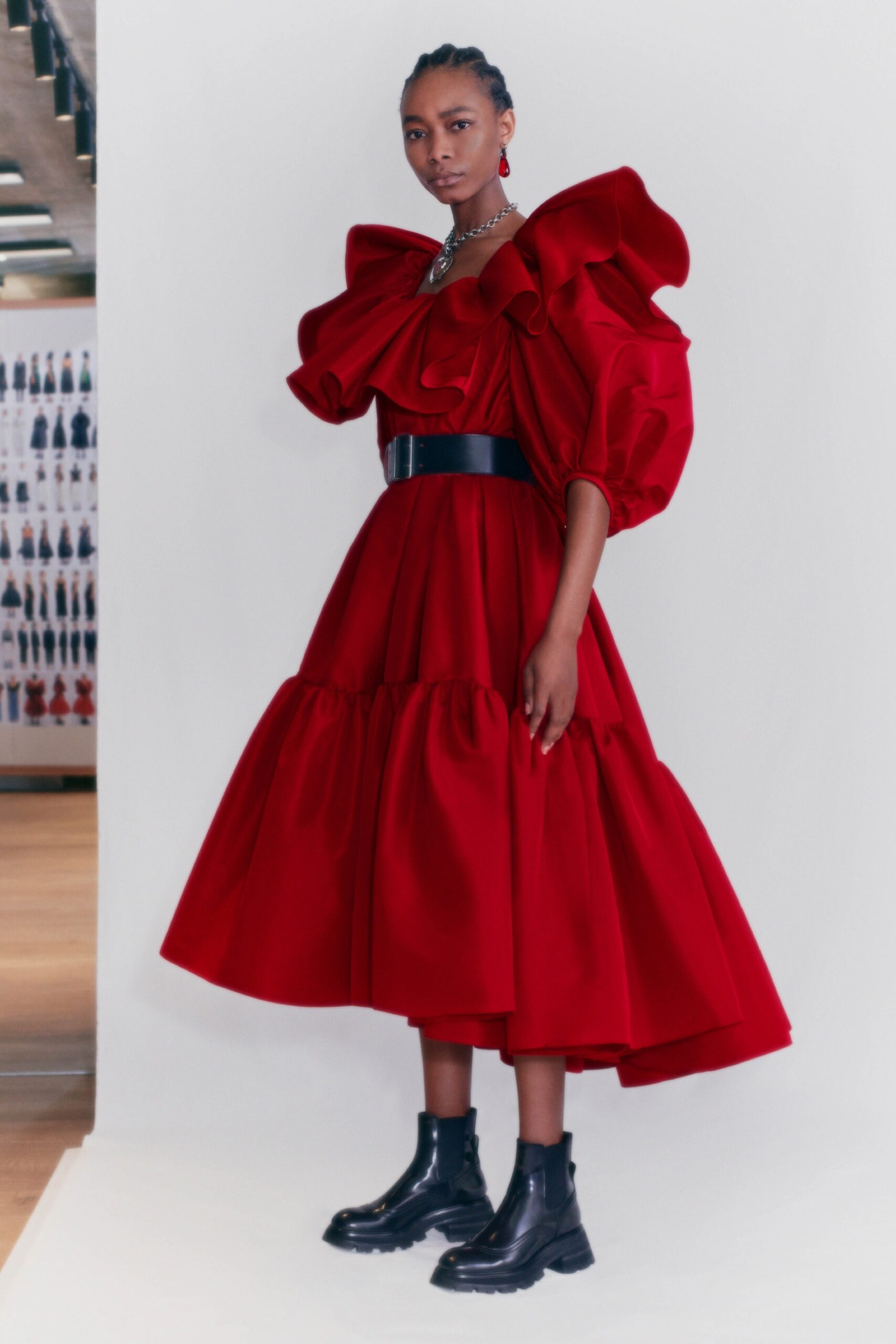 red silk sleeveless v-neck fitted tiered ruffled dress
