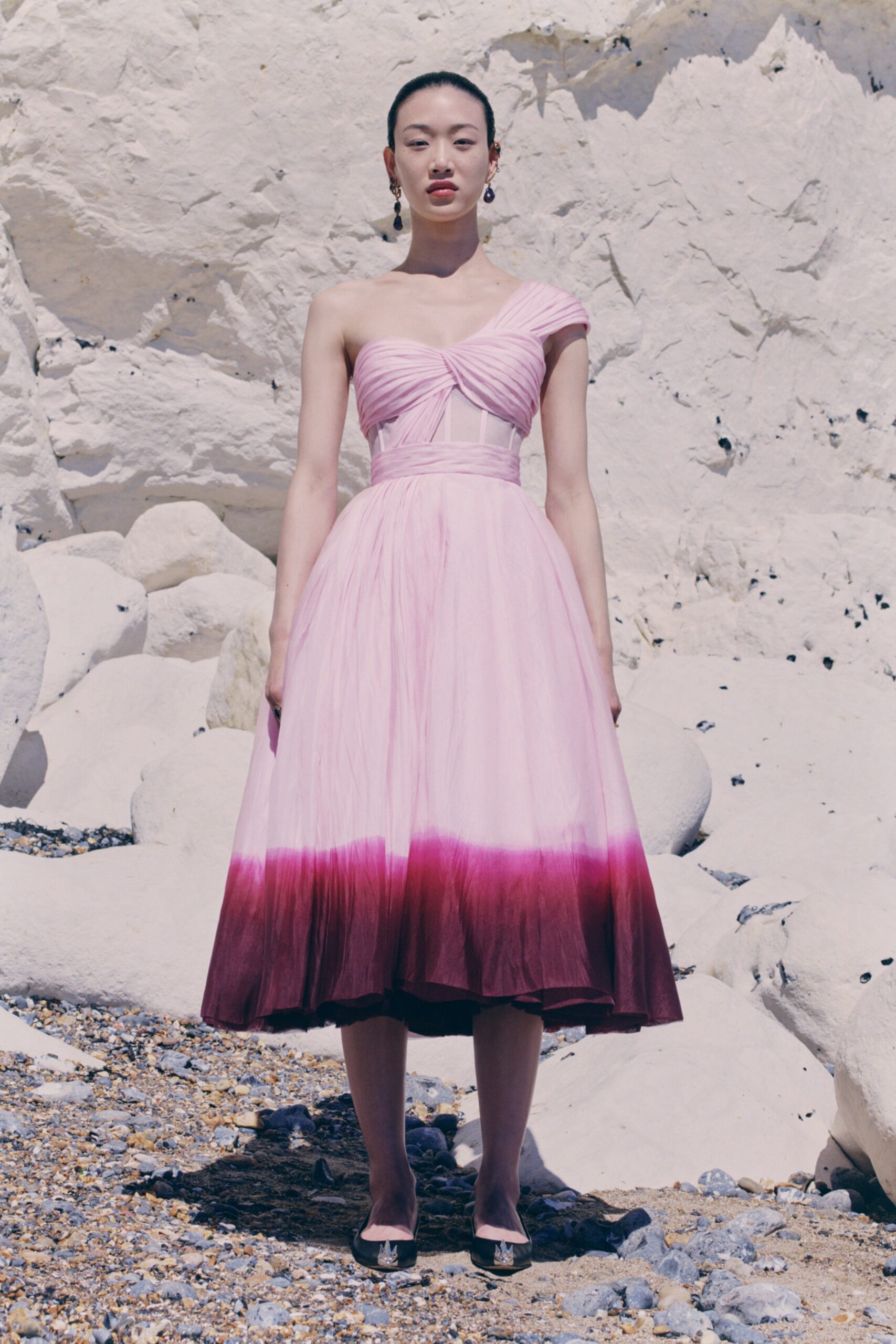 pink silk off-shoulder dress