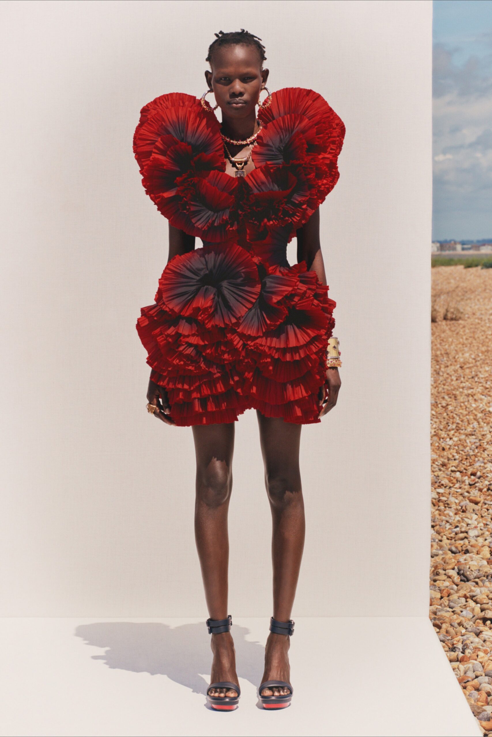red and black ruffled mini dress