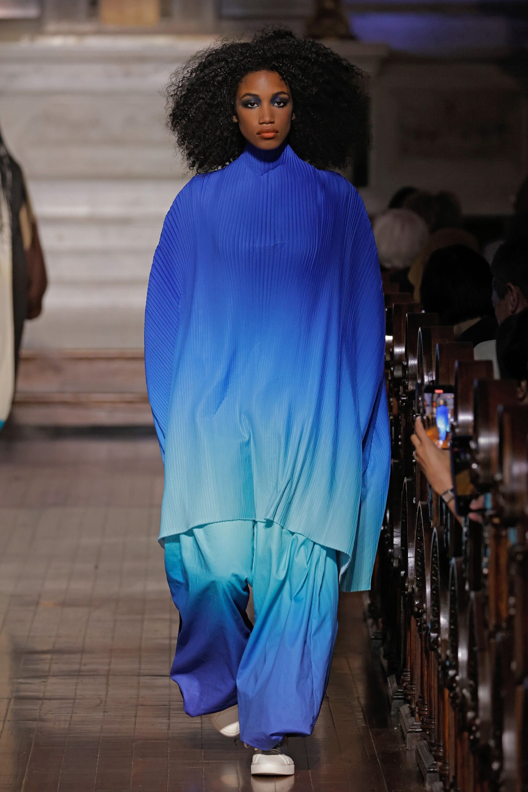 blue green pleated top and wide-leg pants