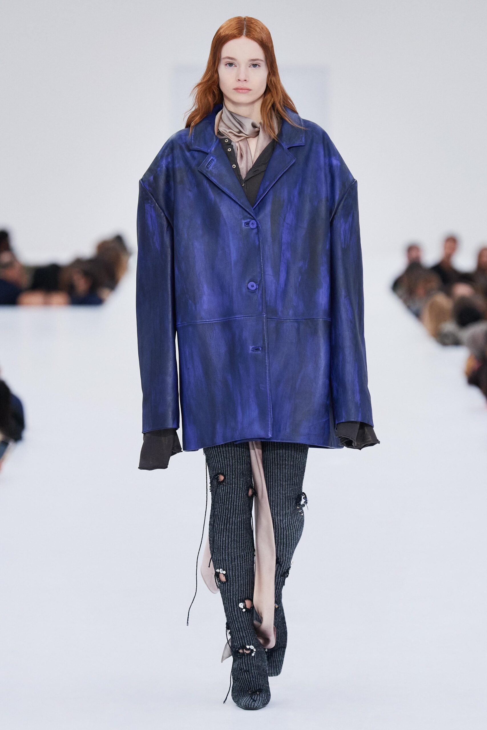 blue leather long-sleeve collared oversized buttoned jacket
