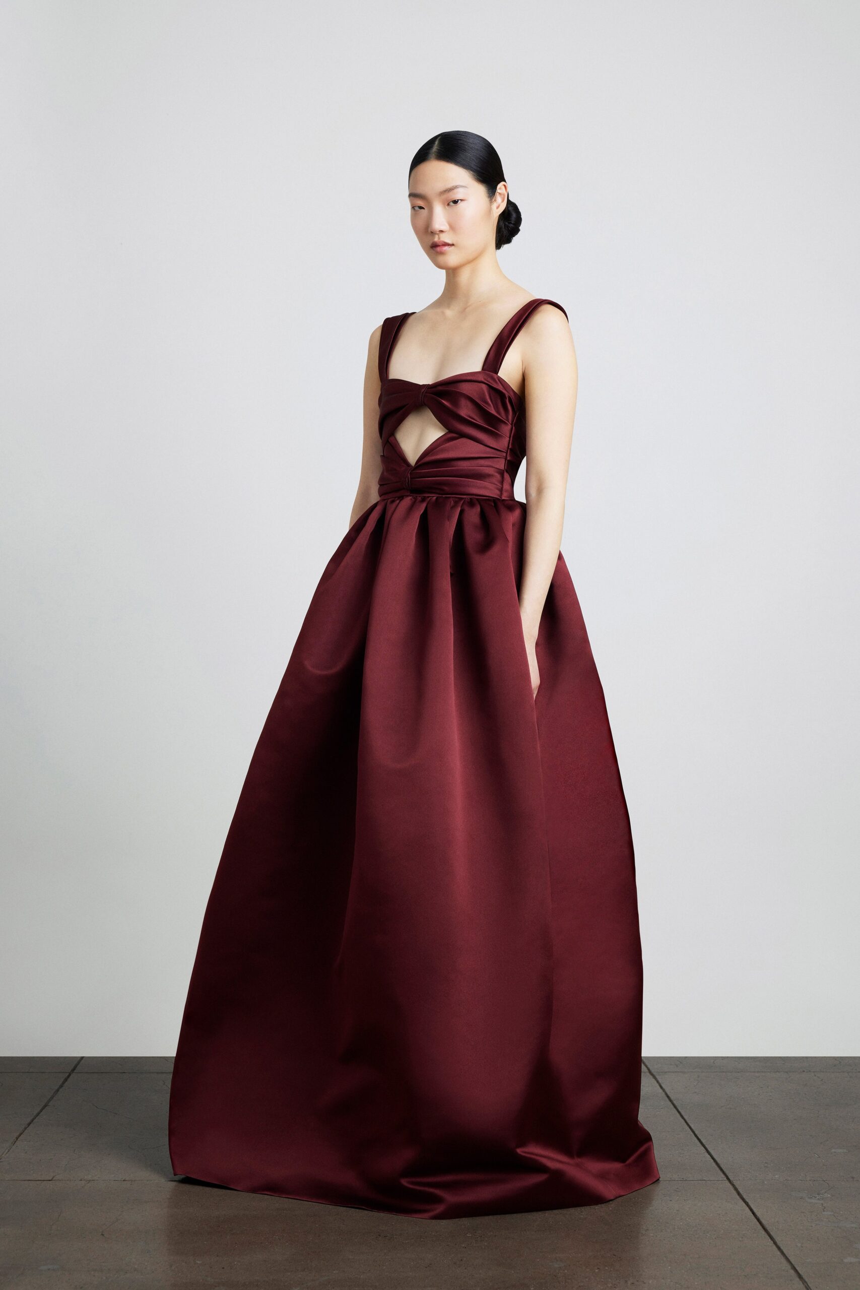 maroon silk sleeveless gown