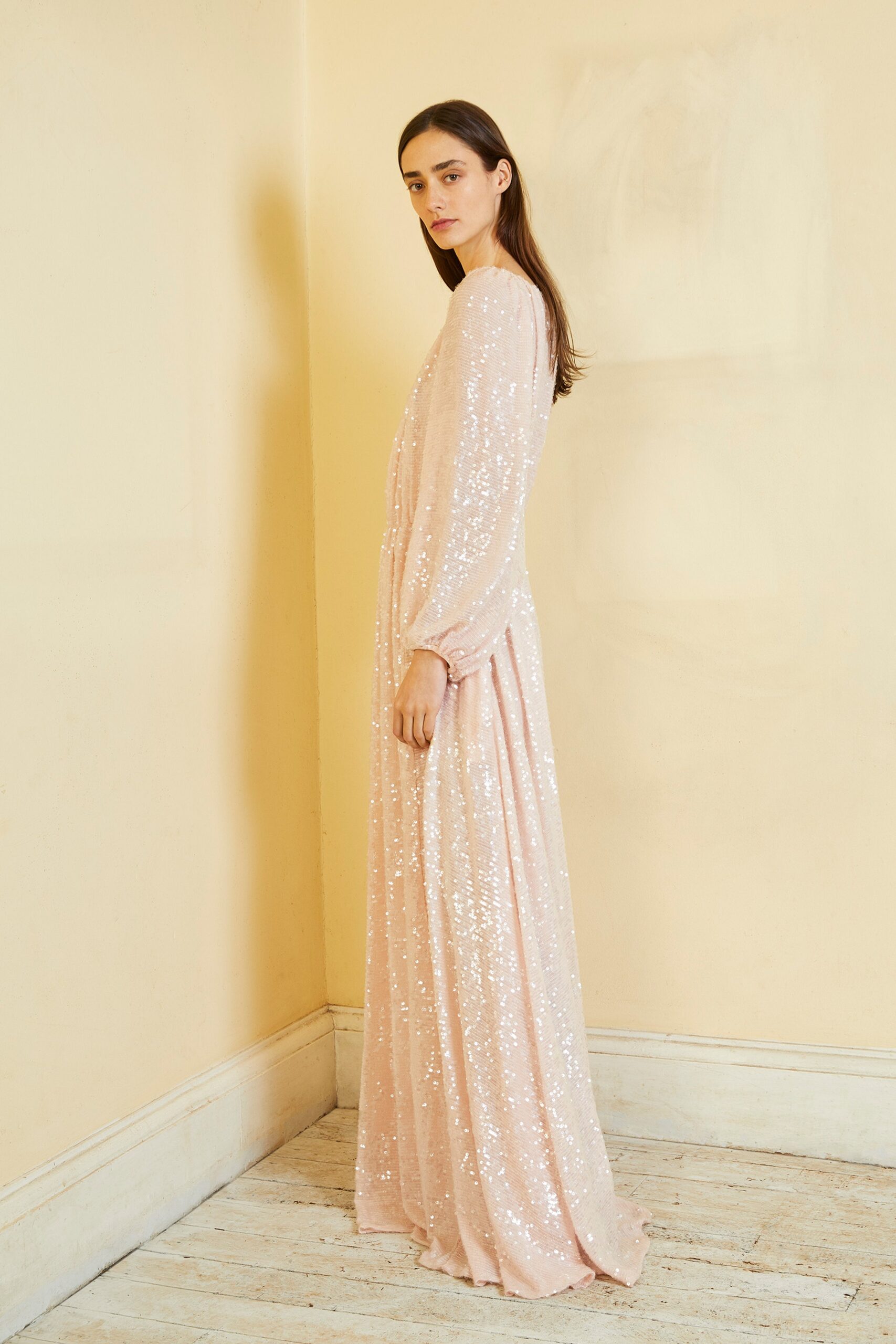 pink sequin long-sleeve gown