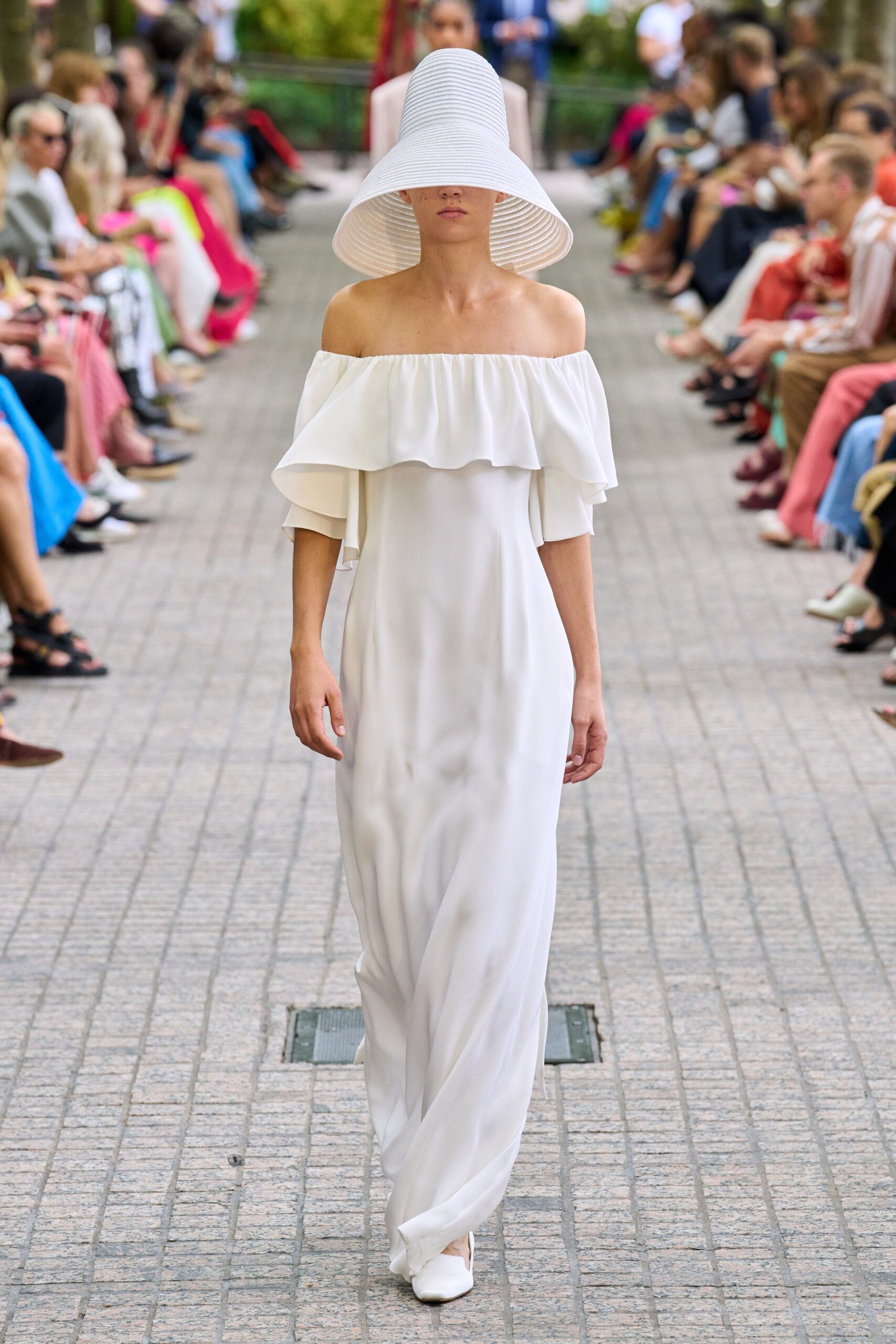 white off-shoulder silk gown
