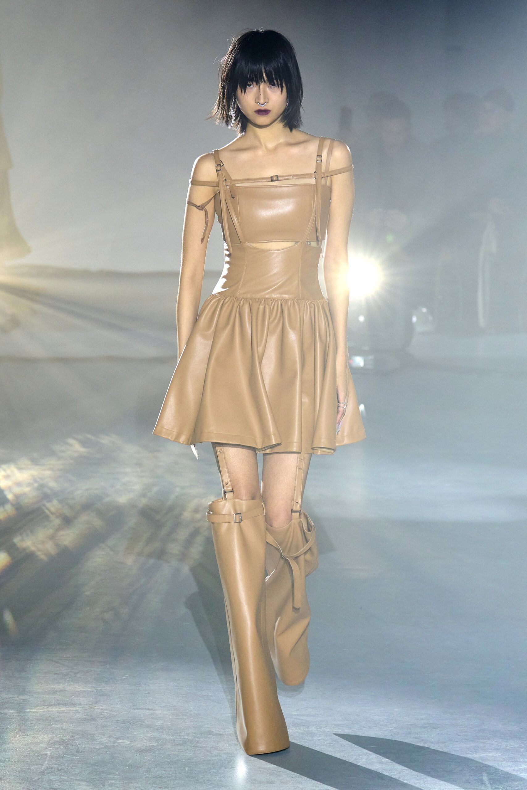 beige leather sleeveless off-shoulder fitted flared mini dress