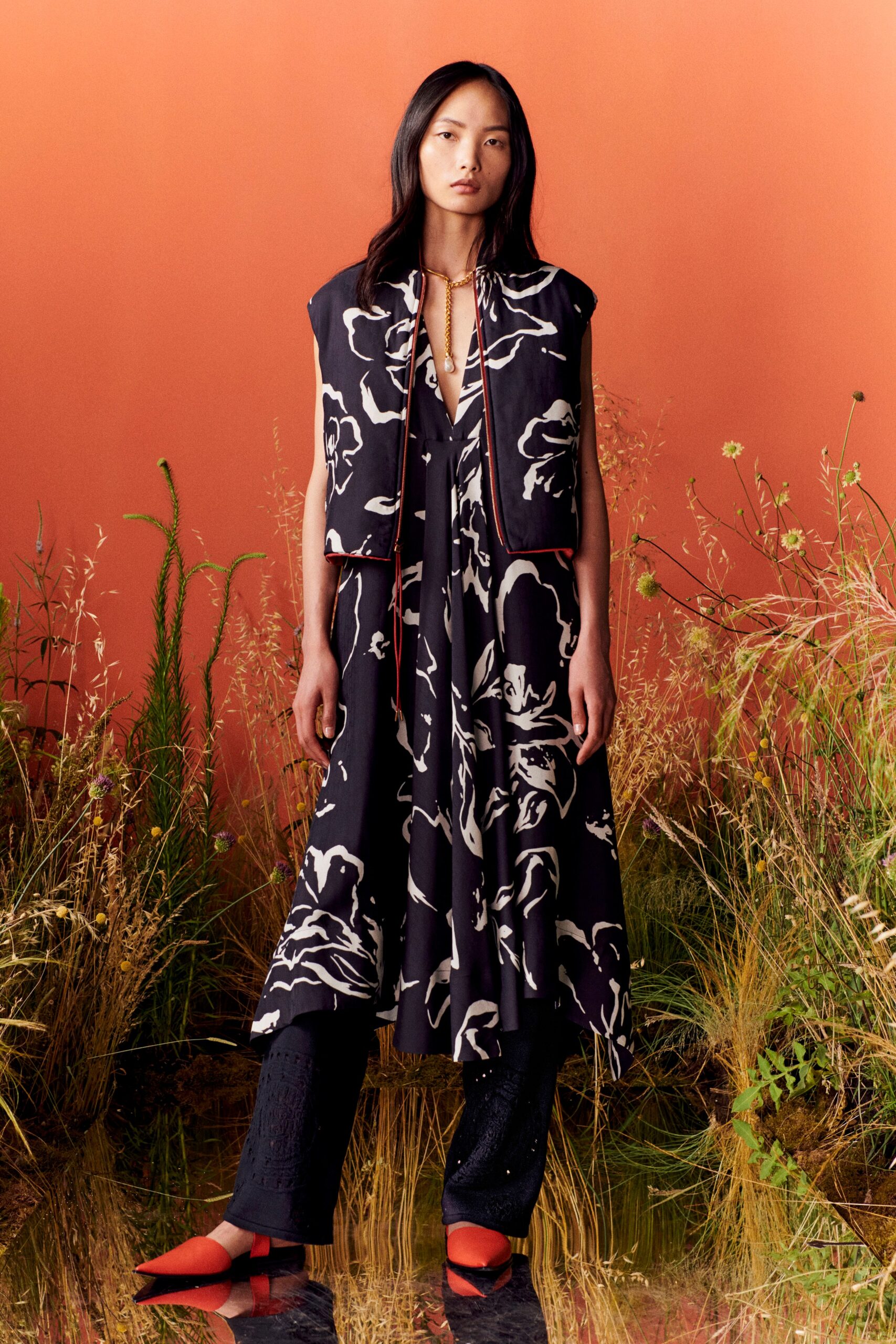 black and white floral midi dress with vest