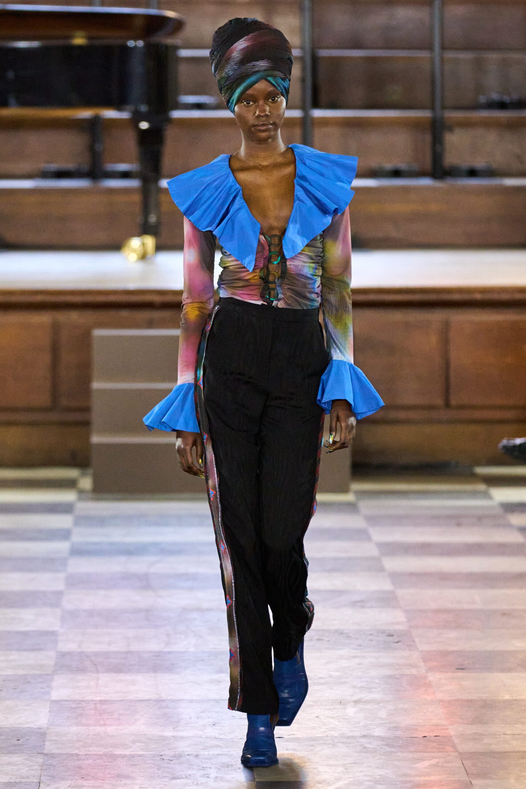 colorful silk top with ruffles