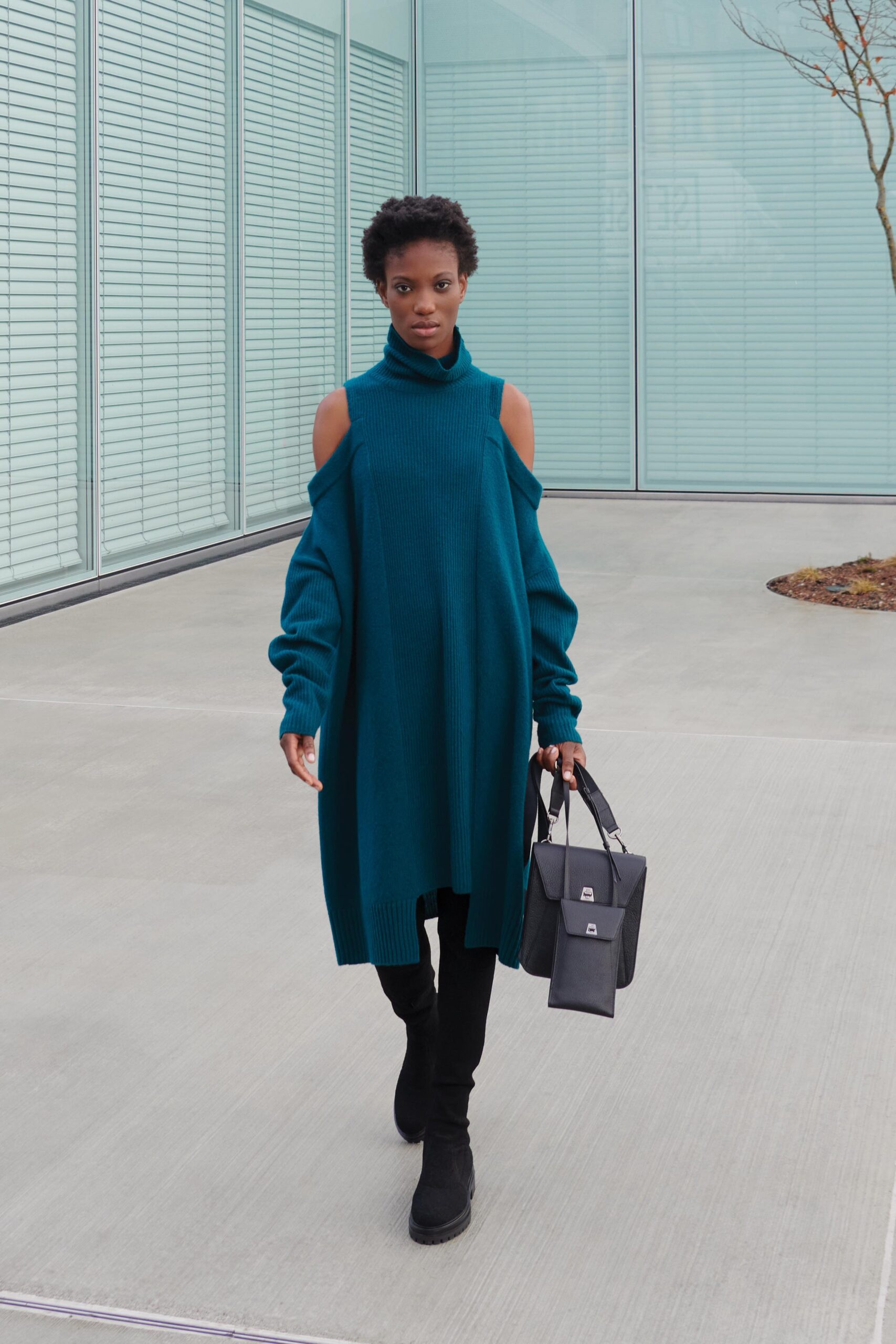 teal knit long-sleeve high-neck oversized midi dress