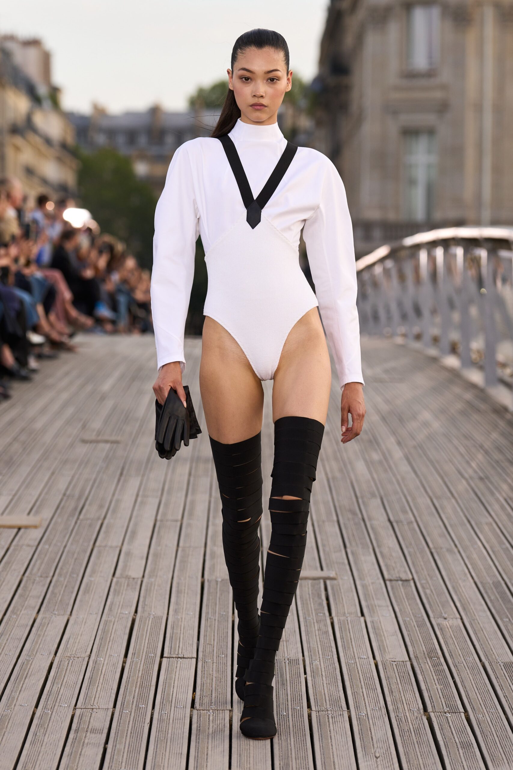 white cotton long-sleeve high-neck fitted zippered bodysuit