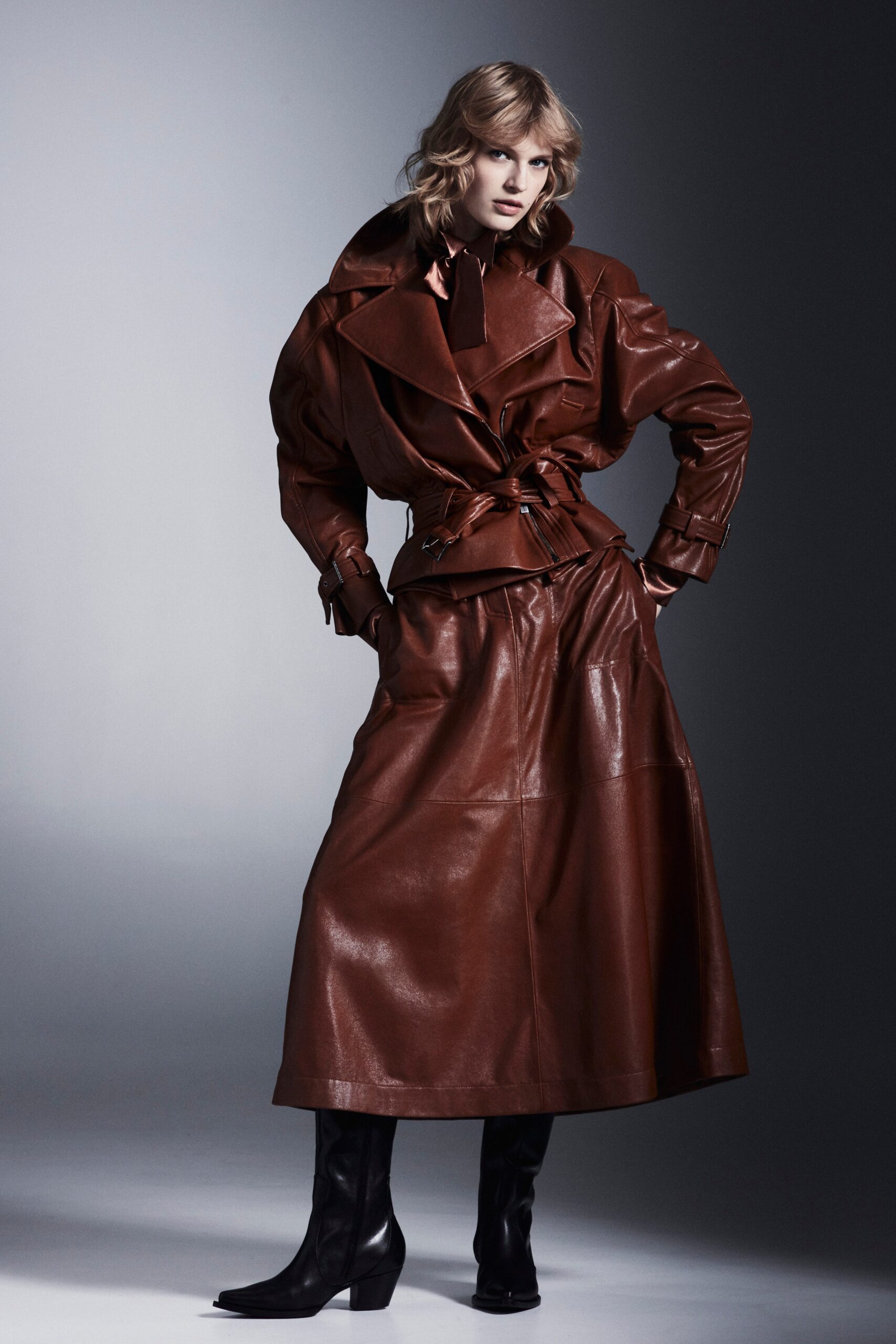 brown leather long-sleeve collared fitted belted maxi coat