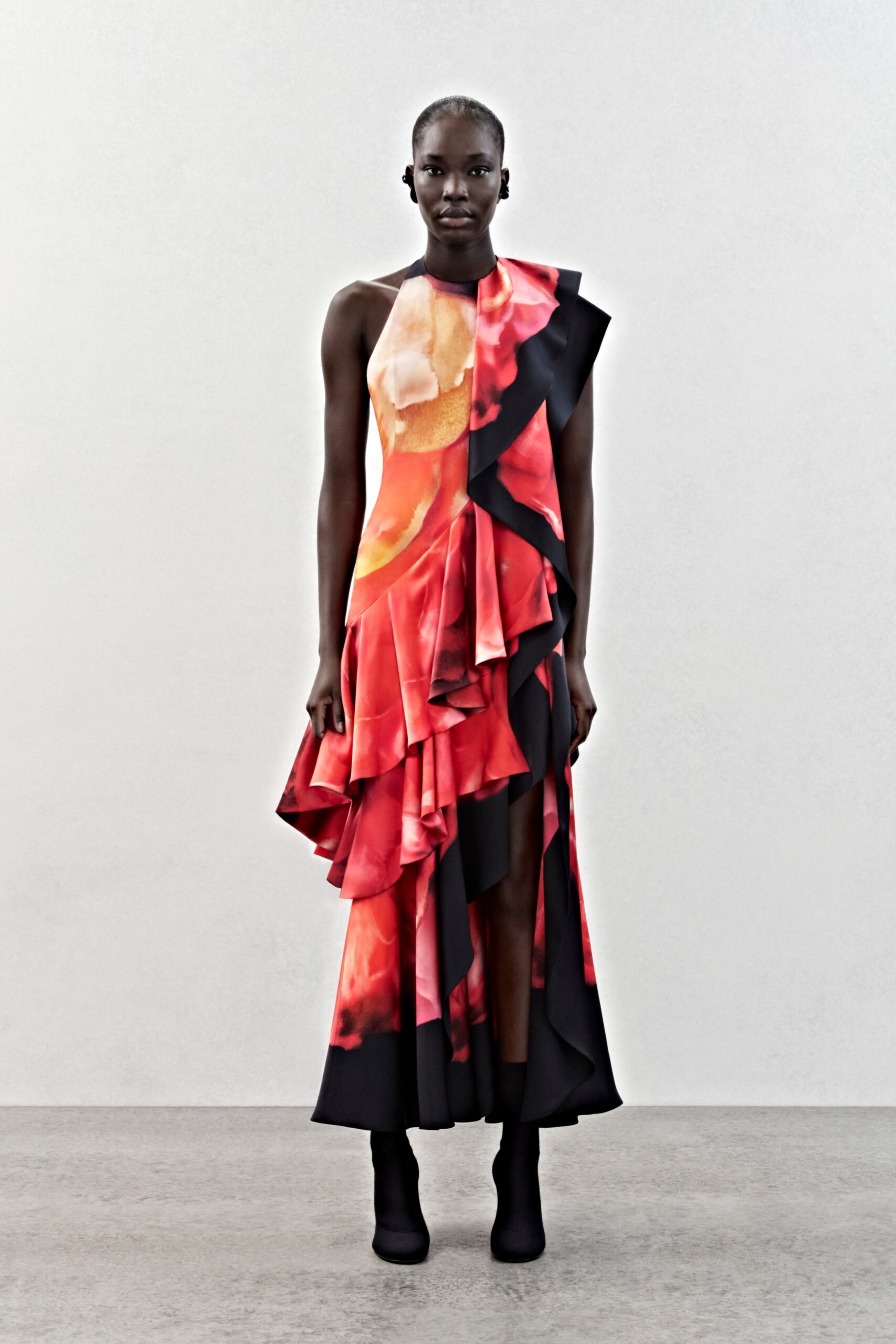 red and black ruffled maxi dress