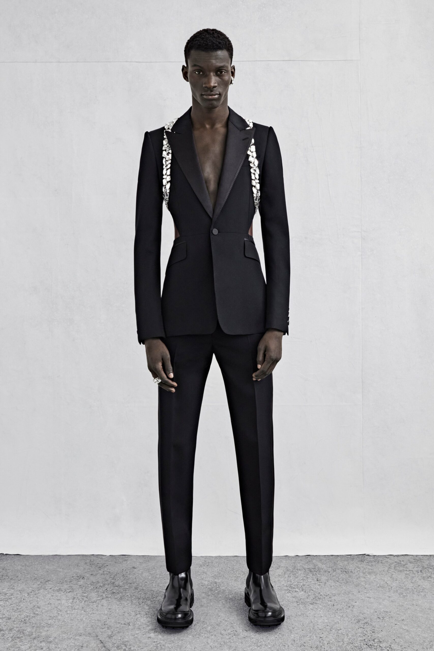 black tailored suit with embellishments