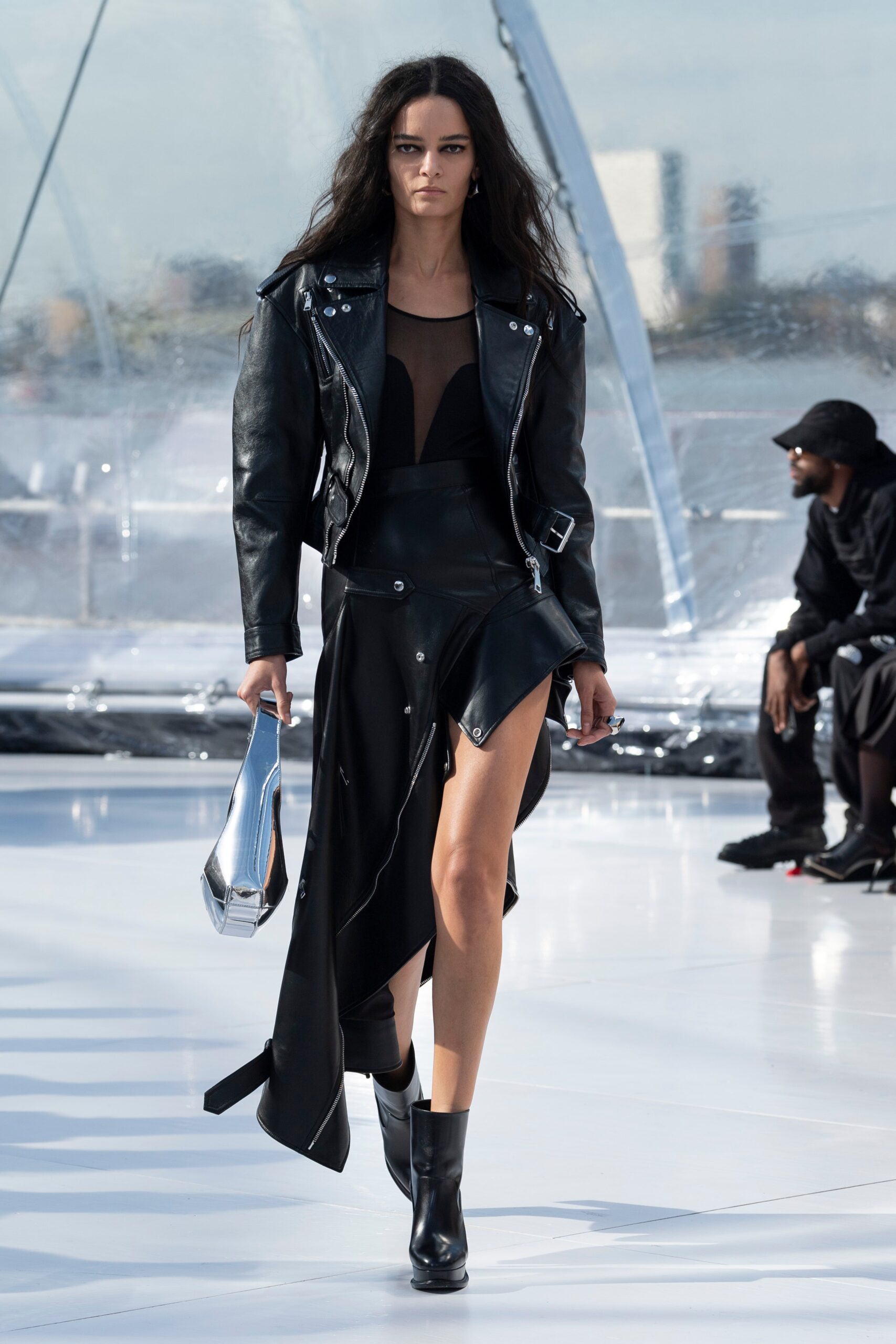 black leather jacket and dress