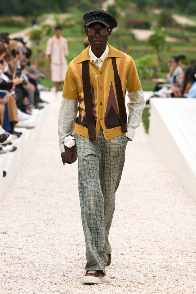 A relaxed-fit yellow checked shirt paired with green plaid pants, perfect for a casual look.