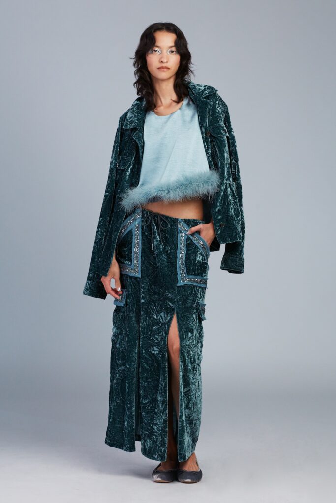teal velvet coat and skirt