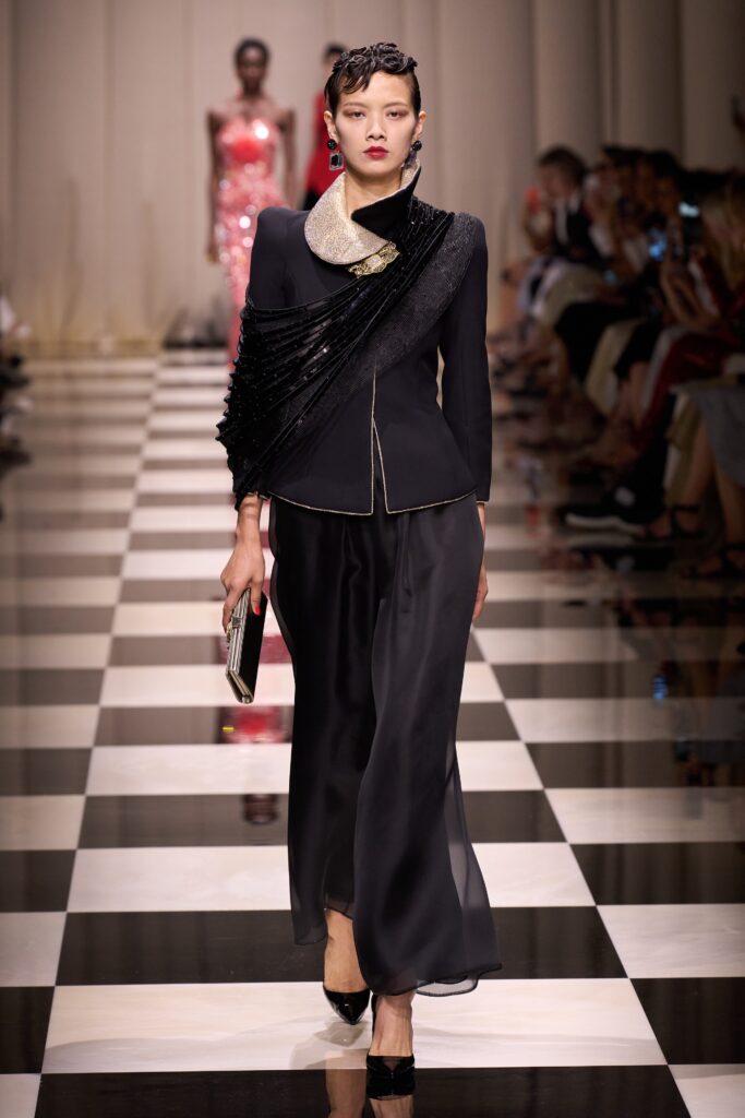 black silk fitted blazer and skirt