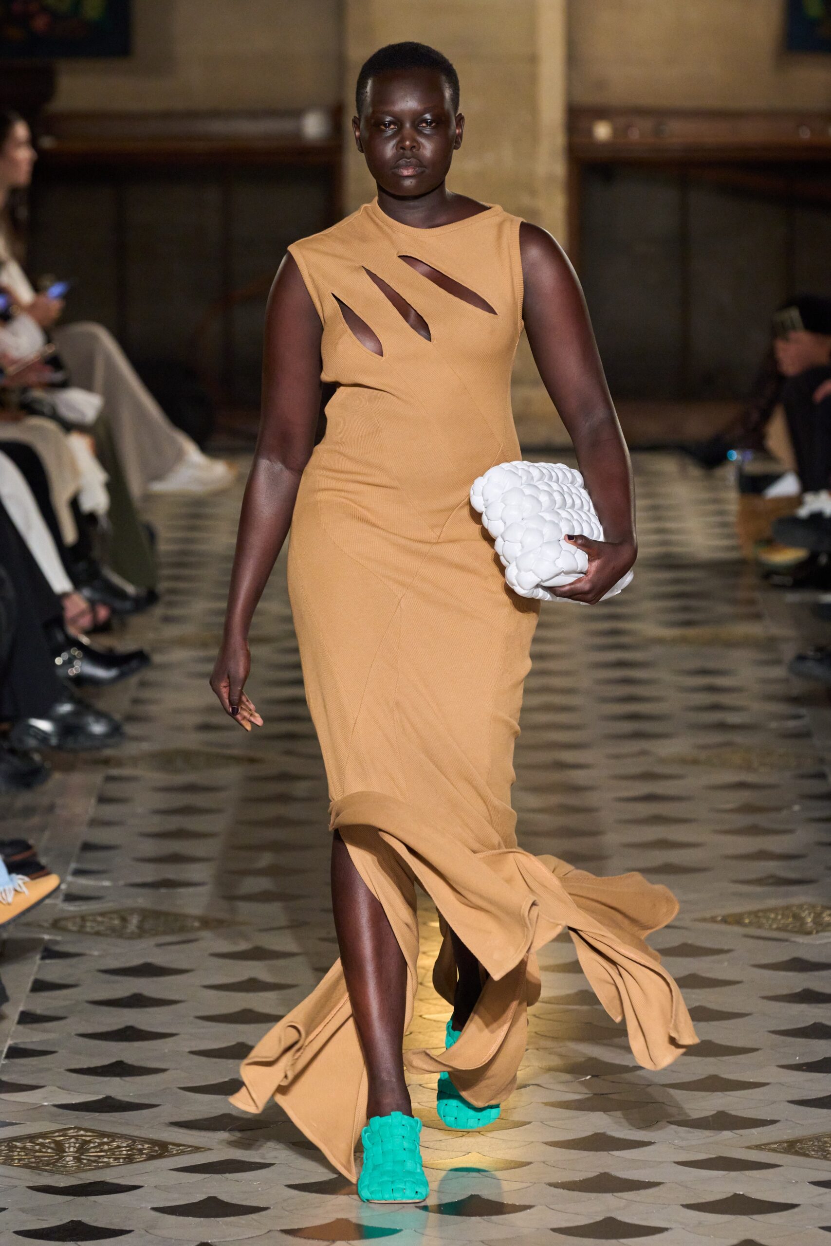 beige fitted dress with cutouts
