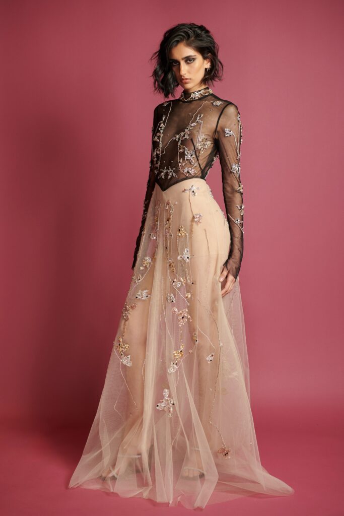 black and beige embroidered gown