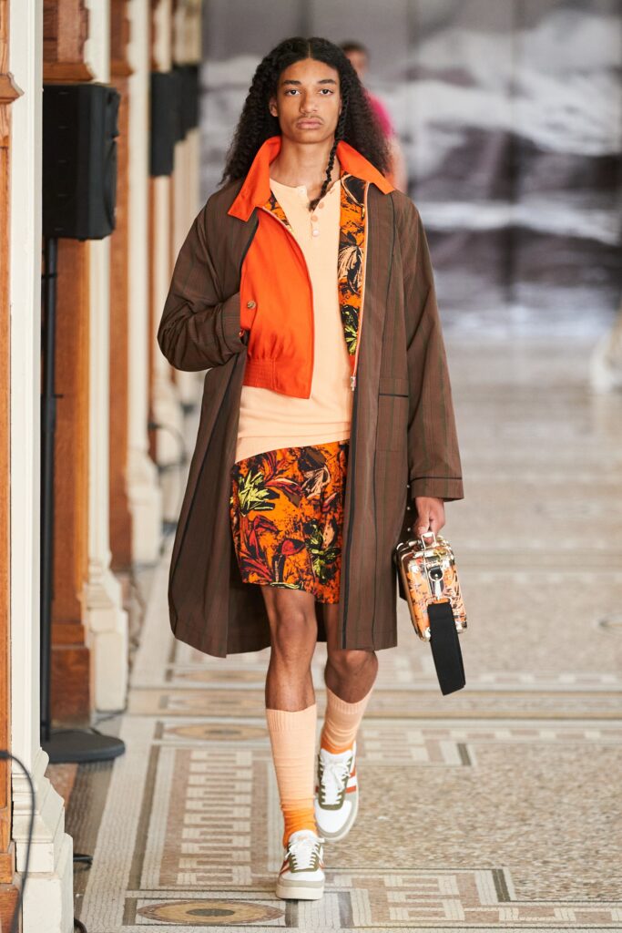 brown coat with orange details
