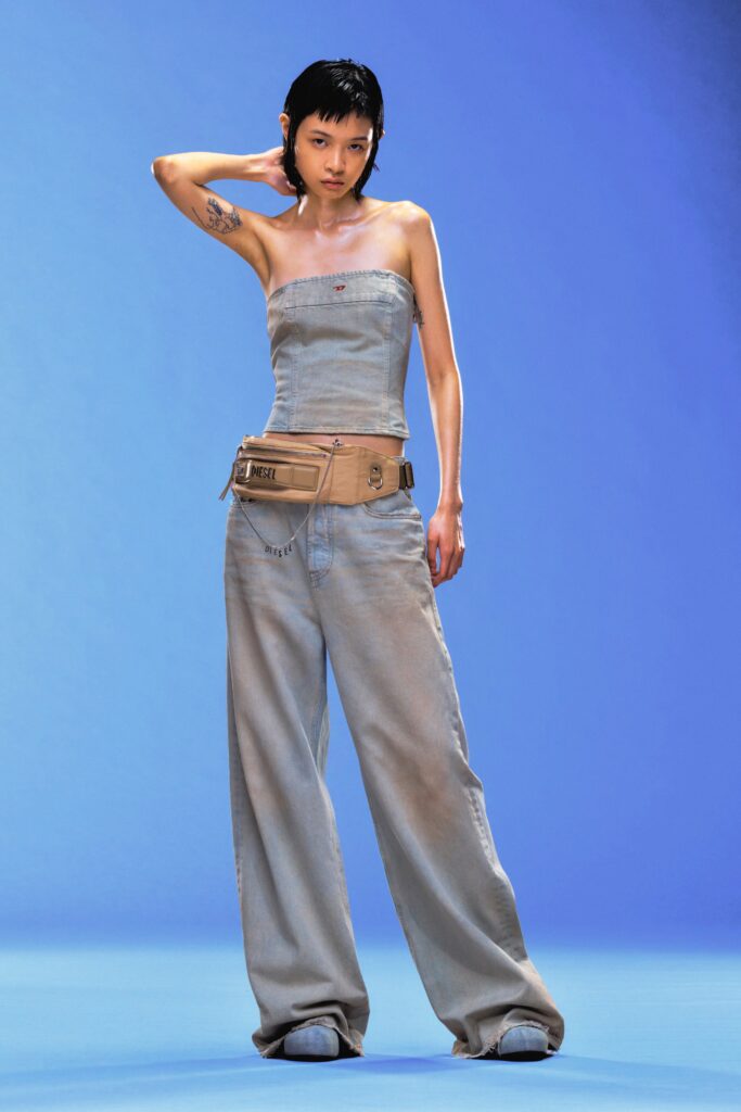 blue denim strapless jumpsuit with belt