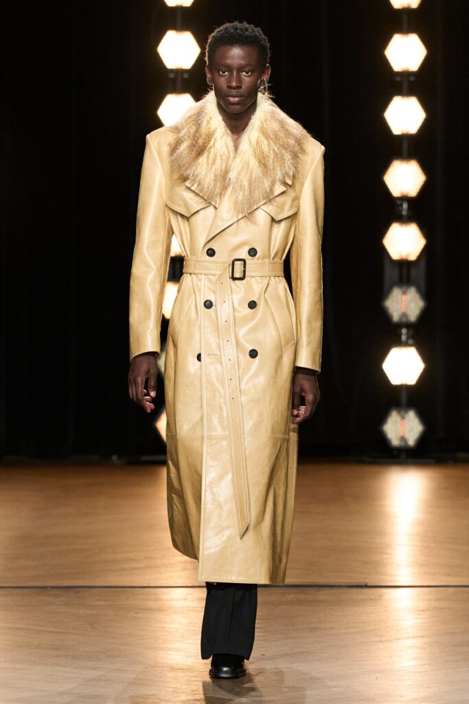 fitted yellow leather trench coat