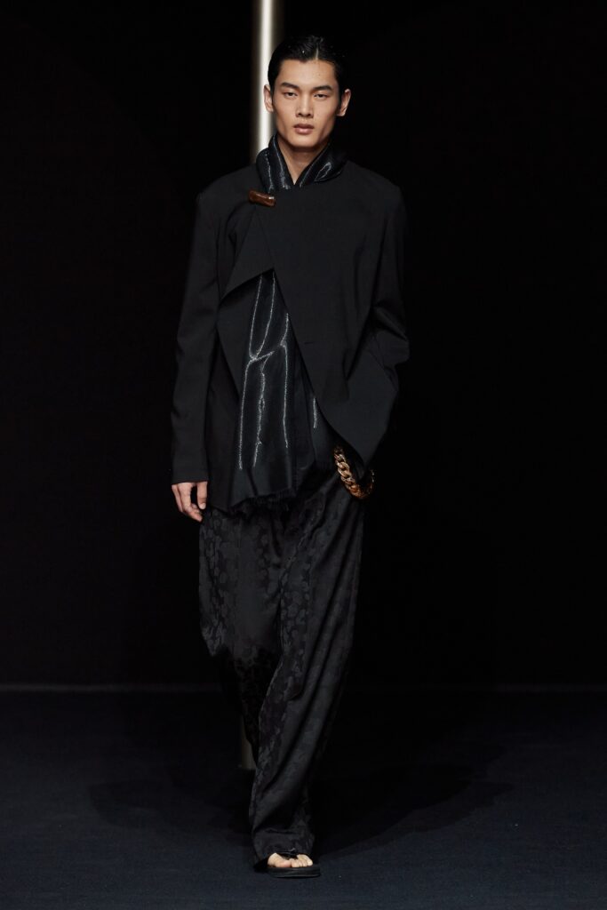 black relaxed jacket with silk shirt