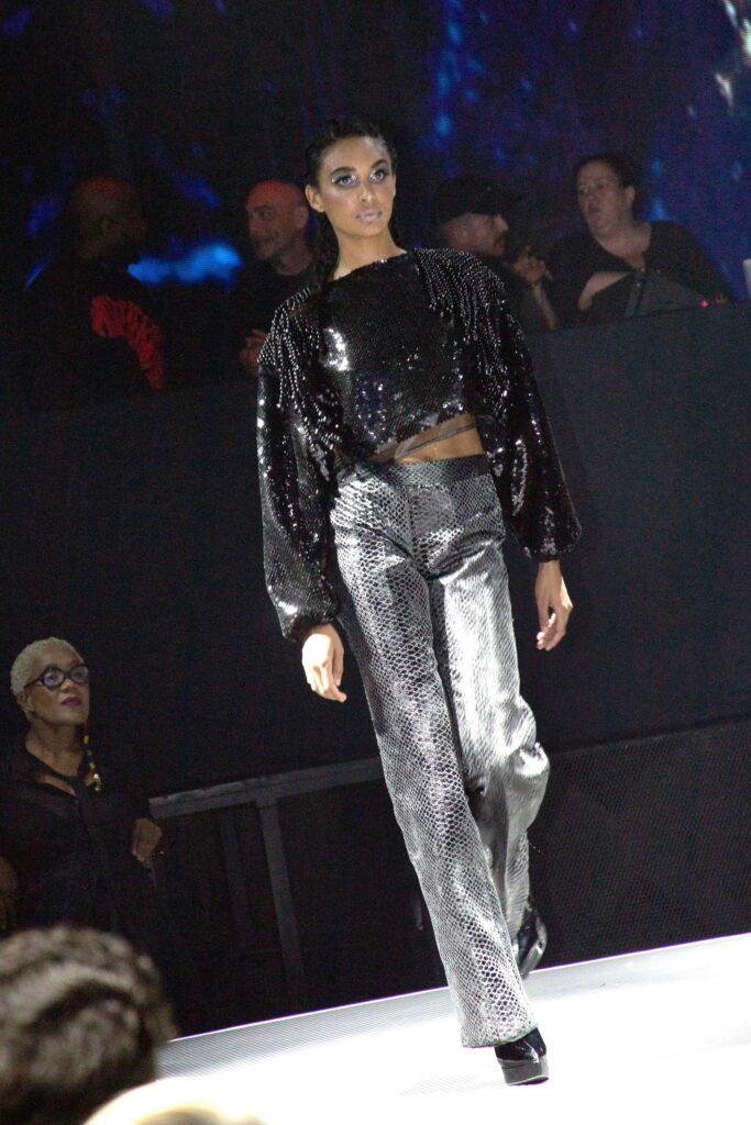 A fitted black sequined cropped top with long sleeves paired with fitted silver wide-leg pants.