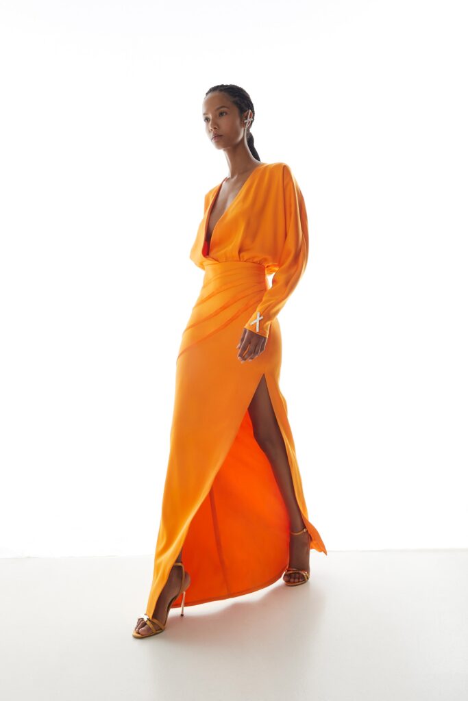 orange silk fitted gown