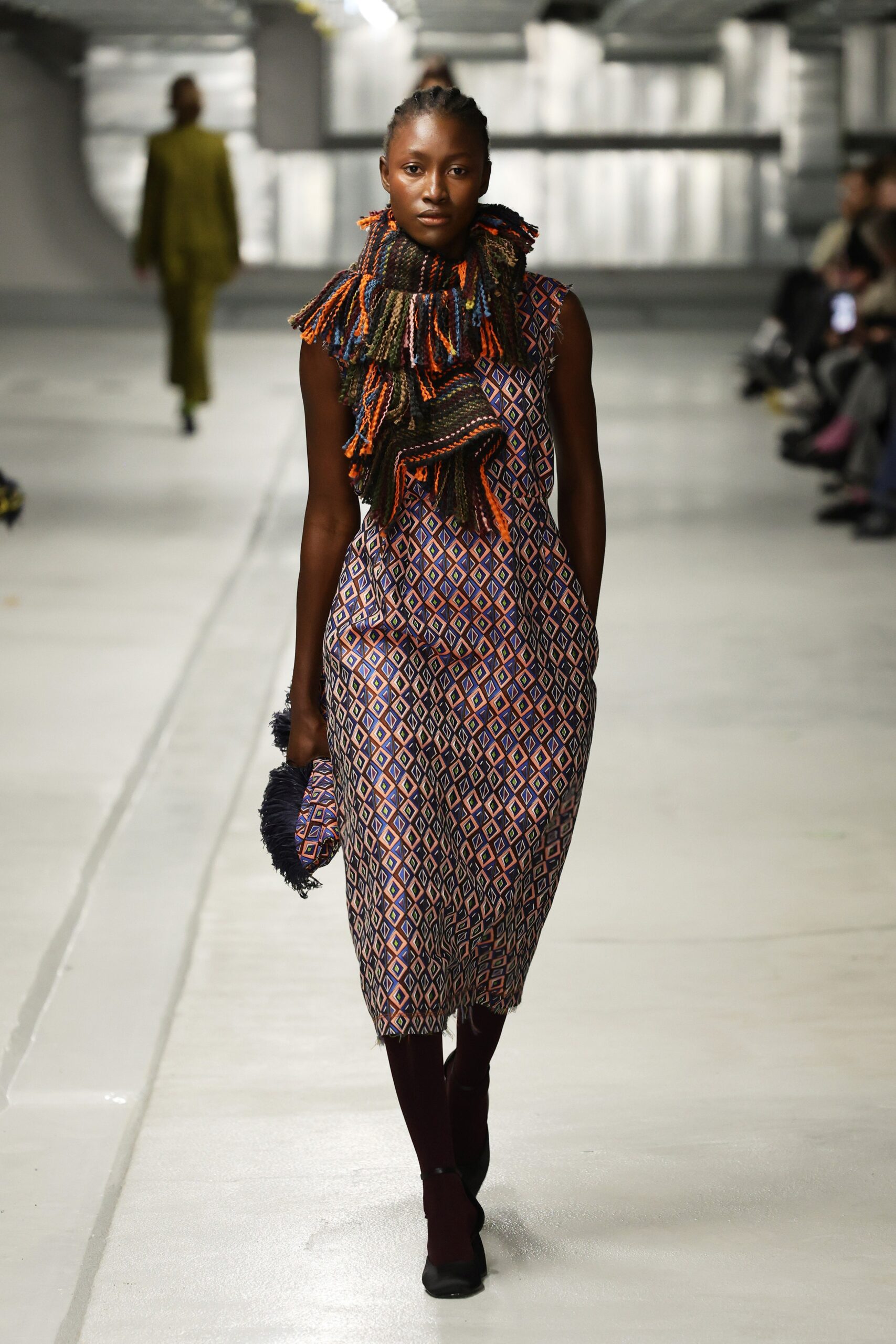 multi-colored printed midi dress with scarf