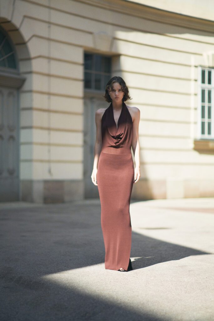 fitted brown silk halterneck dress