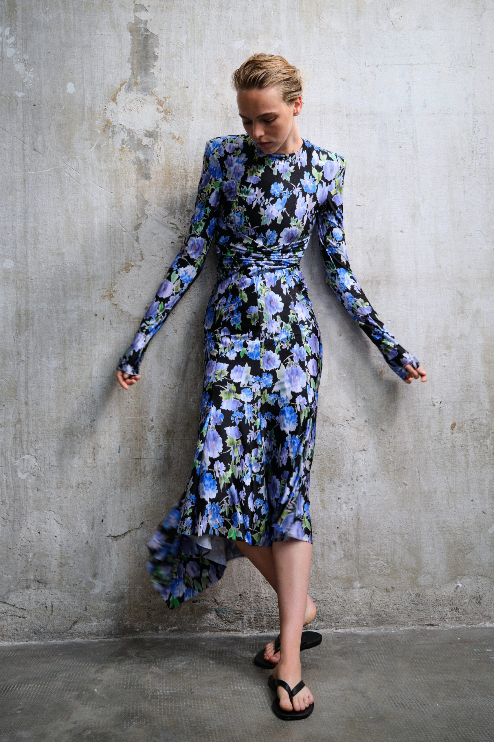 blue and purple floral midi dress