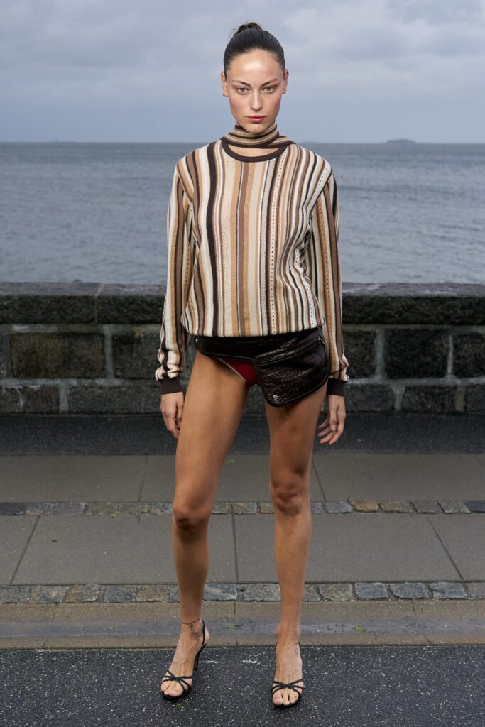 A fitted striped long-sleeve top paired with asymmetric leather shorts.